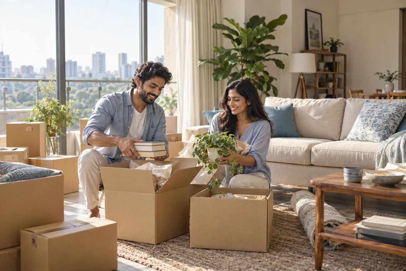 A couple unpacking boxes in the front room of their new apartment